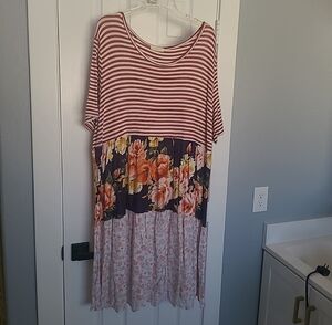 ODDY Striped Top with Floral Midi Panels in Maroon, Navy, Peach